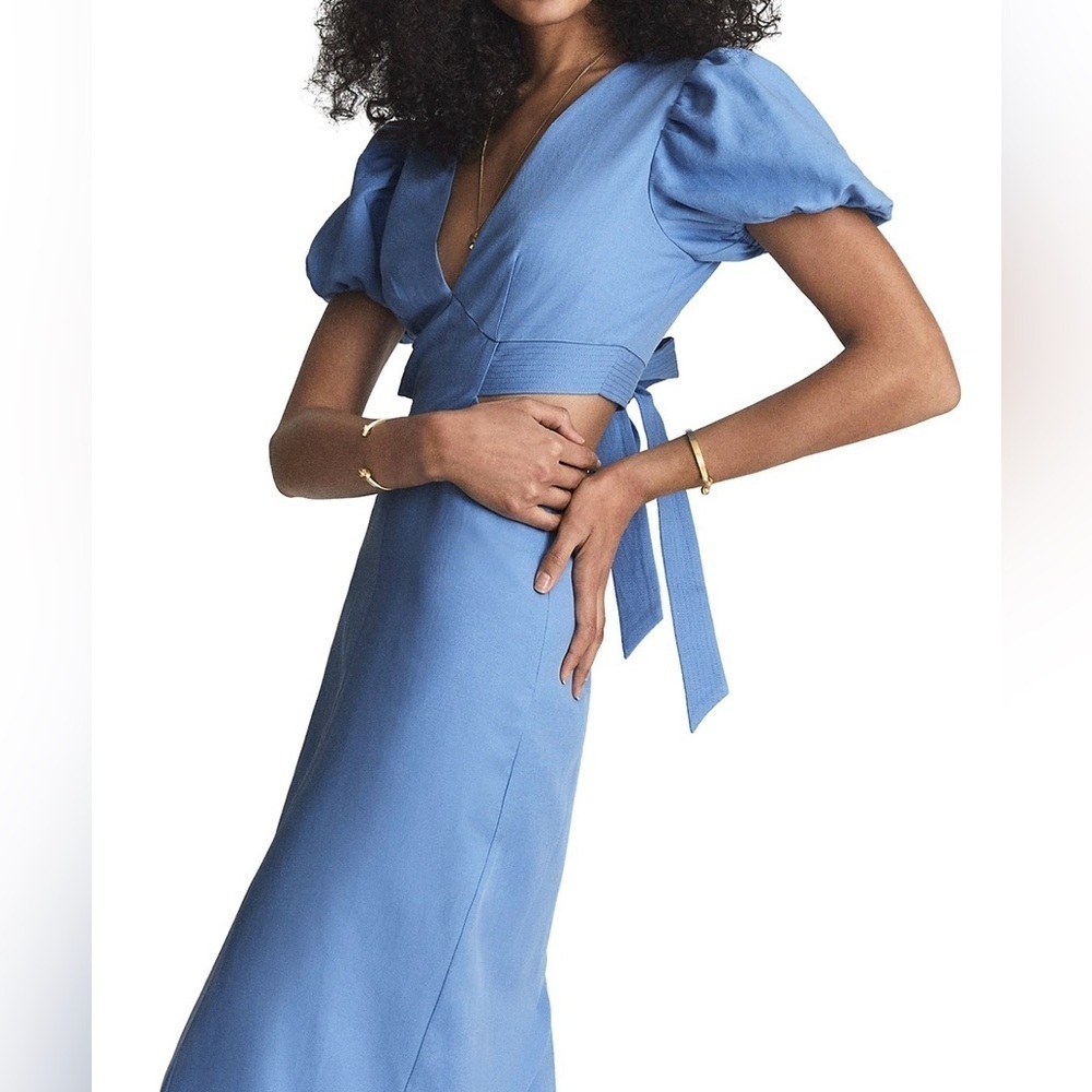REISS Cadet blue JENNAH waist cutout puff sleeve maxi dress size 12